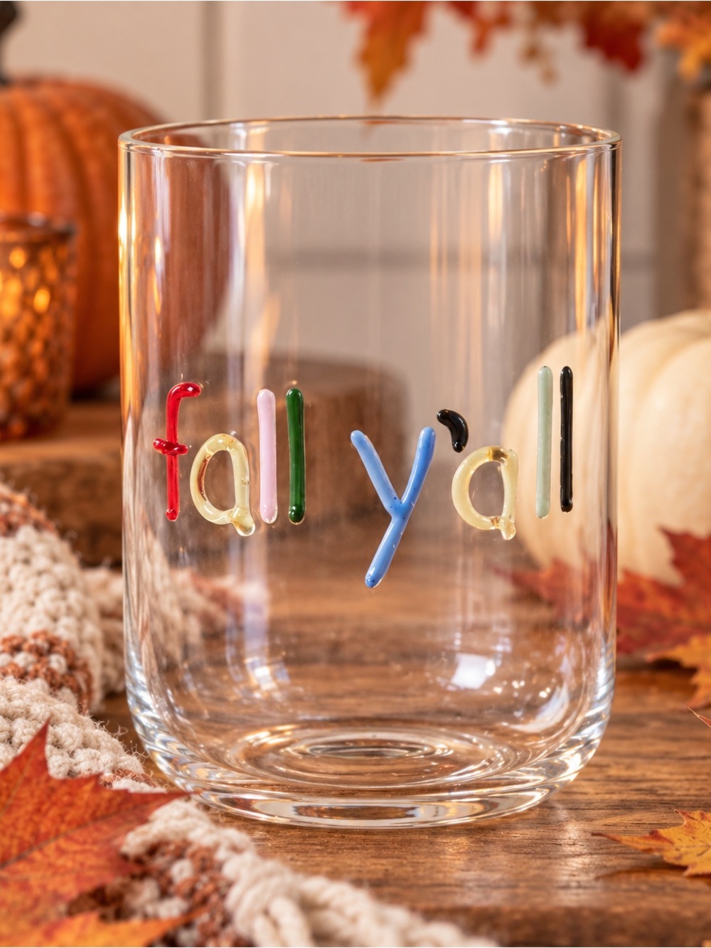 Anthropologie 'fall y'all' Clear Glass Tumbler with Multicolor Lettering